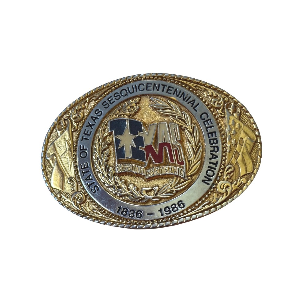 Vintage 1986 Texas Sesquicentennial‎ Belt Buckle 24KT Gold Plate Texoma 8654